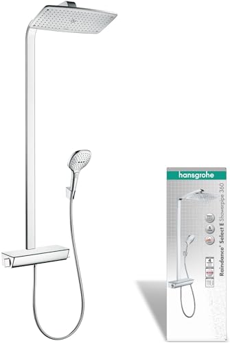 hansgrohe Raindance Select E - Duschsystem mit Thermostat, Regendusche (360 x 190 mm) mit Armatur, Handbrause (3 Strahlarten), Schlauch, Brausestange und eckiger Kopfbrause (1 Strahlart), Chrom von hansgrohe