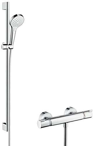 hansgrohe Croma Select S - Duschset mit Thermostat Ecostat Comfort, runder Duschkopf mit Brausestange 90cm, Duschkopfhalterung und Brauseschlauch 1,60m, Duschbrause mit 3 Strahlarten, Weiß/Chrom von hansgrohe