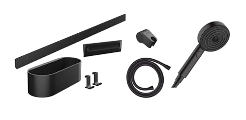 hansgrohe WallStoris - Badezimmer Set, Zubehör Set für das Bad ohne bohren, 7-teilig, mit Duschkopf wassersparend und Bad-Accessoires, Badezimmer Zubehör, Mattschwarz, 24291670 von hansgrohe