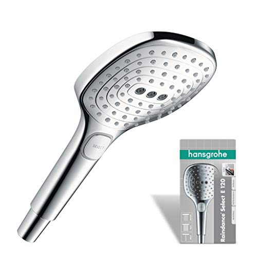 hansgrohe Raindance Select E - Duschkopf, Handbrause mit 3 Strahlarten, eckige Duschbrause (120 x 120 mm), Brausekopf mit Antikalk-Funktion, Chrom von hansgrohe