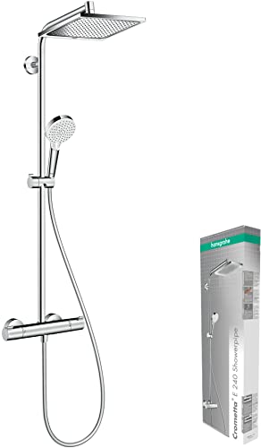 hansgrohe Crometta E - wassersparendes Duschsystem (EcoSmart) mit Thermostat, Regendusche (240 x 240 mm) mit Armatur, Handbrause (2 Strahlarten), Schlauch, Brausestange und eckiger Kopfbrause, Chrom von hansgrohe