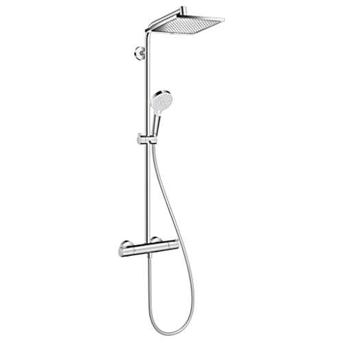 hansgrohe Crometta E - wassersparendes Duschsystem (EcoSmart) mit Thermostat, Regendusche (240 x 240 mm) mit Armatur, Handbrause (2 Strahlarten), Schlauch, Brausestange und eckiger Kopfbrause, Chrom von hansgrohe