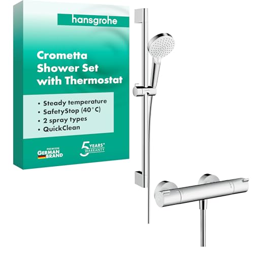 hansgrohe Crometta - Duschset mit Thermostat Ecostat 1001 CL, runder Duschkopf mit Brausestange 65cm, Duschkopfhalterung und Brauseschlauch 1,60m, Duschbrause mit 2 Strahlarten, Weiß/Chrom von hansgrohe