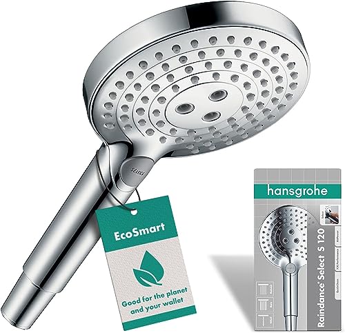 hansgrohe Raindance Select S - wassersparender Duschkopf 9 l/min (EcoSmart), Handbrause mit 3 Strahlarten, runde Duschbrause (⌀ 120 mm), Sparduschkopf mit Antikalk-Funktion, Chrom von hansgrohe