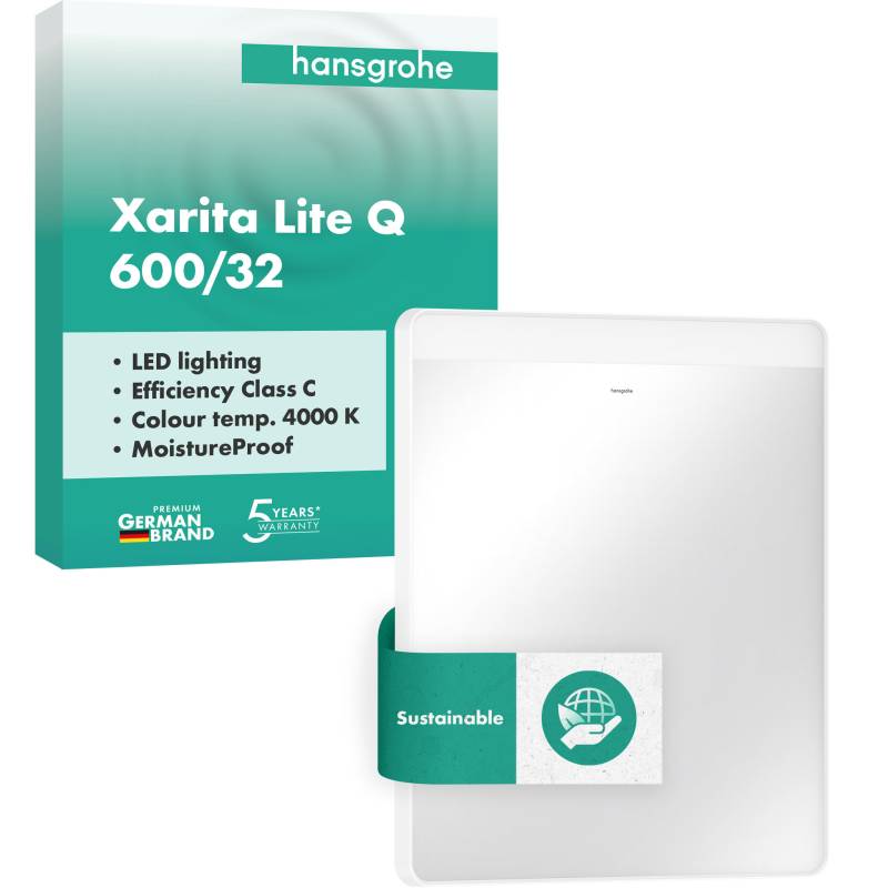 hansgrohe Xarita Lite Q Spiegel, horizontale LED-Belechtung, 600x30x700mm, Wandschalter, 54957700 von Hansgrohe
