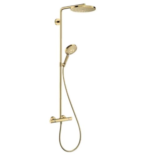 hansgrohe wassersparendes Duschsystem Raindance Select S 240 PowderRain Regendusche (Duschkopf, Duschkopf, Duschstange, Thermostat, Schlauch, 3 Strahlarten) Polished Gold Optic von hansgrohe