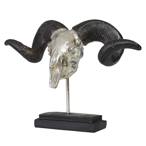 Hansmeier® Deko Skulptur Widder | Silber | Für Außen und Innen | 39 x 28 x 17 cm | Einrichtung Statue Geweih von Hansmeier