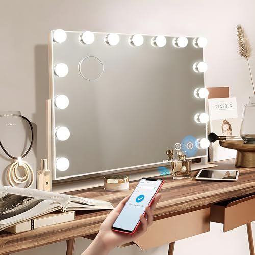 Hansong Bluetooth Hollywood Spiegel mit 15 LED Lampen Schminkspiegel mit Beleuchtung und Bluetooth 360° Drehbar Kosmetikspiegel mit Beleuchtung USB für Schlafzimmer von Hansong