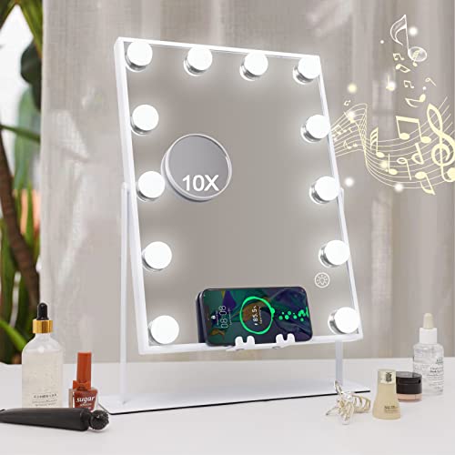 Hansong Lautsprecher Makeup Mirror with Wireless Charging Hollywood Makeup Mirror with 12 Light Bulbs Makeup Mirror with Lights 360 Degree Rotation von Hansong
