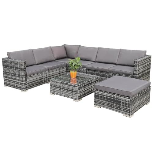 Hansson Polyrattan Gartenmöbel Lounge Set Sitzgruppe Garnitur Poly Rattan inkl. Sofa Sessel Kissen Hocker Tisch mit Glas (3xDoppelsofa (1xlinks, 2xrechts), 1xTisch & Hocker) von Hansson.Sports