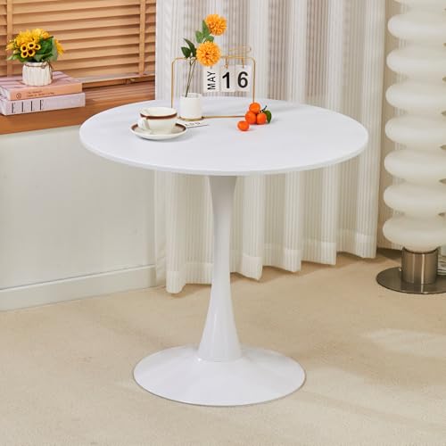 Weißer runder Esstisch, 80 cm, moderner Tulpen-Küchentisch, verdickte Tischplatte und stabiler Metallsockel, moderner modischer Tisch für kleine Orte, Wohnzimmer, Café (weiß) von Hansweld