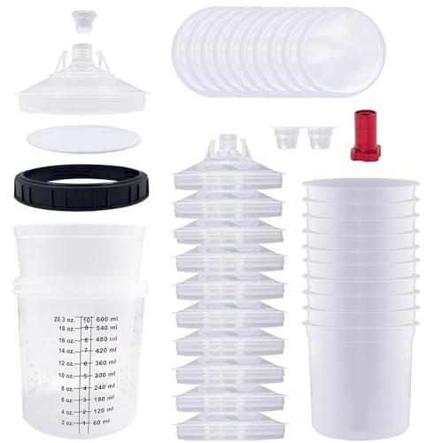 Hanured® Messbecher set, Lackmischbecher Deckel und Linersystem mit 10 Bechereinsätzen,10 Deckel mit Filtern,1 Hartbecher mit Haltering,2 Steckern,1 adapter M16 (600ML) von Hanured