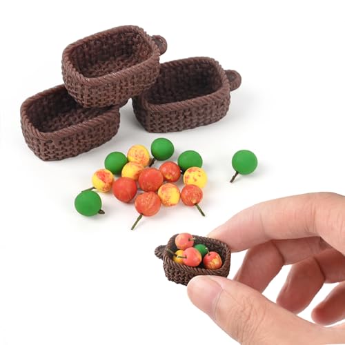 Hanycon 15 Miniatur-Äpfel mit 3 Körben, 3 Farben, künstliche Mini-Äpfel, Ton, lebensechte Äpfel für Mini-Zuhause, Haus, Lebensmittel, Fotografie, Party-Dekoration (8 x 6 mm) von Hanycon