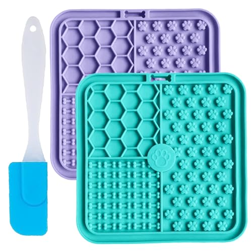 Licky Mats für Hunde und Katzen, 100 % lebensmittelechte Leckmatten für Hunde und Katzen, BPA-frei, leicht zu reinigen, Leckmatten für langsames Füttern mit Saugnäpfen, 2 Stück mit 1 Spatel (lila-blau von Hao Zhu
