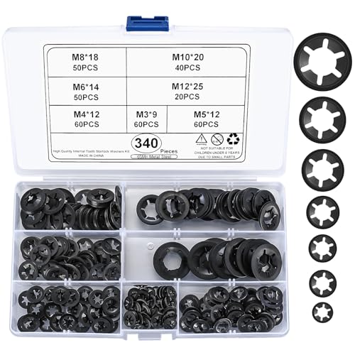 340 Stk Sicherungsscheiben, Starlock Unterlegscheiben, Innenzahn Schnellverschluss, Sicherungsring Haltering Snap Sortiment Kit - M3/M4/M5/M6/M8/M10/M12 (Schwarz/Manganstahl) von HAOCHEN