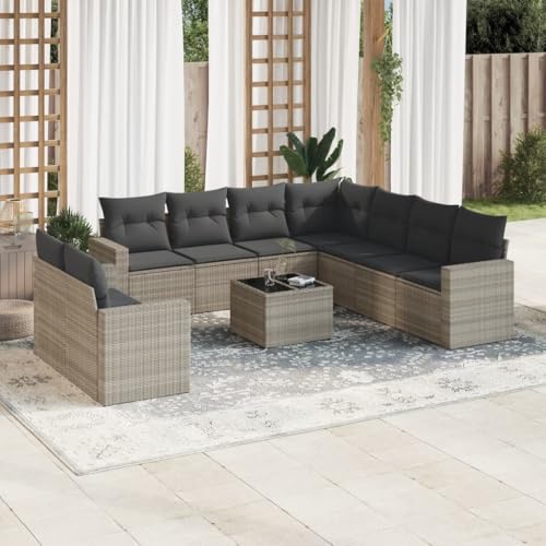 10-tlg. Garten-Sofagarnitur mit Kissen Hellgrau Poly Rattan, Modulares Design, Stauraum für Aufbewahrung, Gartentisch mit Glasplatte, Outdoor Couch, Gartensofa, Sitzgruppe Outdoor, 62 x 62 x 69 cm von HaoChrymec