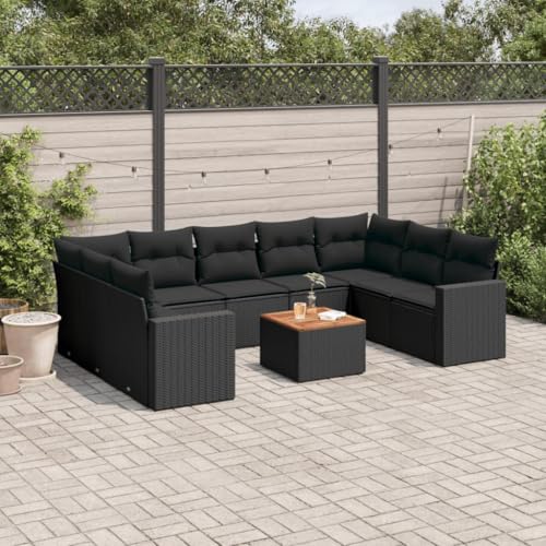 10-tlg. Garten-Sofagarnitur mit Kissen Schwarz, PE-Rattan, Modulares Design, Beistelltisch aus Akazienholz, Abnehmbare Kissenbezüge, Gartenmöbel Set,Für Terrasse und Garten, 55 x 62 x 69 cm von HaoChrymec