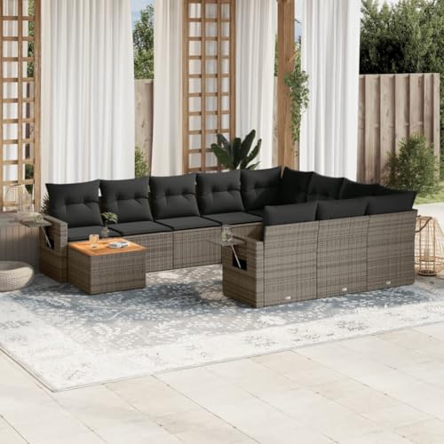 11-tlg. Garten-Sofagarnitur mit Kissen Grau, PE-Rattan, Modulares Design, Mit Beistelltisch, Abnehmbare Bezüge, Gartenmöbel Set, Sitzgruppe Outdoor, Für Terrasse und Garten, 62 x 62 x 69 cm von HaoChrymec