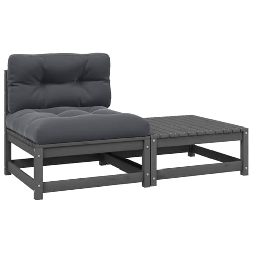 2-TLG. Garten-Lounge-Set mit Kissen aus Kiefer Massivholz, Modulares Design, Komfortable Sitzbank, Outdoor Möbel, Gartensofa, Balkonmöbel Set, Grau, Mittelsofa und Hocker von HaoChrymec