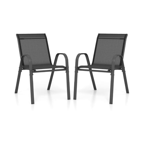 2er Set Stapelstühle Garten, Stapelstühle aus Textilene und Metallgestell, Ergonomische Rückenlehne und Armlehnen, Outdoor Stuhl für Balkon, Terrasse, Gartenlounge Set, Schwarz, 56 x 70 x 84 cm von HaoChrymec