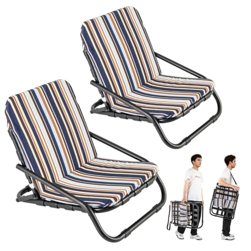 2er Set Strandstühle mit Kissen, Klappbare Campingstühle mit Schnelltrocknender Baumwolle, Leichter Aluminiumrahmen, Outdoor Stuhl für Strand, Garten und Balkon, Blau Gestreift, 67 x 50 x 46 cm von HaoChrymec