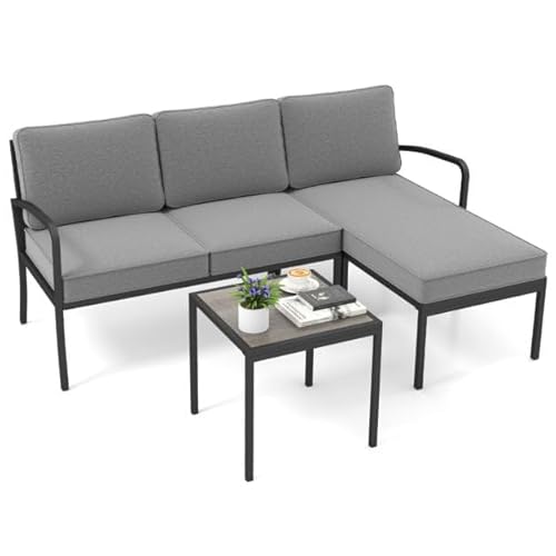 3-TLG. Gartenmöbel Set mit 2-Sitzer Sofa, Lounge mit Kissen und Beistelltisch, Metallrahmen, PE-Netzgewebe, Für Balkon, Terrasse, Garten, Grau, 45 x 45 x 45 cm (Tisch), 66 x 110 x 74 cm (Sofa) von HaoChrymec