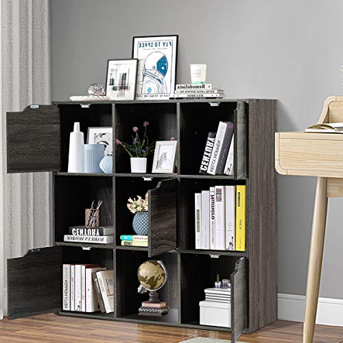 9-Fächer Stauraum Organizer Regal mit Türen, Freistehendes Holz Bücherregal, Modernes Design als Aufbewahrungsregal oder Raumtrenner Regal,Für Wohnzimmer, Schlafzimmer oder Büro,Grau,90x29 x90cm von HaoChrymec