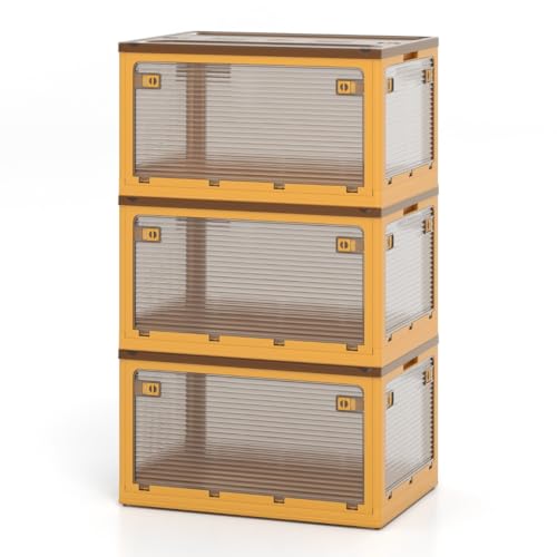 98L x 3 Aufbewahrungsbox mit Deckel & Rädern, Stapelboxen mit 5 Türen, Transparente Kunststoffbox für Mehrzweckaufbewahrung, Box mit Rollen, Spind Schrank, Gelb, 66,5 x 46,5 x 37,5 cm (Pro Box) von HaoChrymec