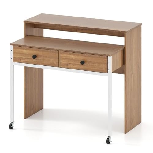 Ausziehbarer Schreibtisch mit 2 Schubladen & Rollen, Kompakter Computertisch für Homeoffice, PC Schreibtischs für Jugendzimmer oder Kinderzimmer, Ergonomische Tischplatte, Natur, 100 x 63 x 88 cm Ausziehbarer Schreibtisch mit 2 Schubladen & Rollen, Kompakter Computertisch für Homeoffice, PC Schreibtischs für Jugendzimmer oder Kinderzimmer, Ergonomische Tischplatte, Natur, 100 x 63 x 88 cm von HaoChrymec