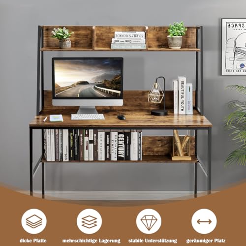 Computertisch mit Ablage und Bücherregal, Verstellbaren Fußpads, Modernes Design, Schreibtisch für Büro oder Jugendzimmer, Study Table, PC Schreibtischs, Kaffee, 120 x 57 x 140 cm Computertisch mit Ablage und Bücherregal, Verstellbaren Fußpads, Modernes Design, Schreibtisch für Büro oder Jugendzimmer, Study Table, PC Schreibtischs, Kaffee, 120 x 57 x 140 cm von HaoChrymec