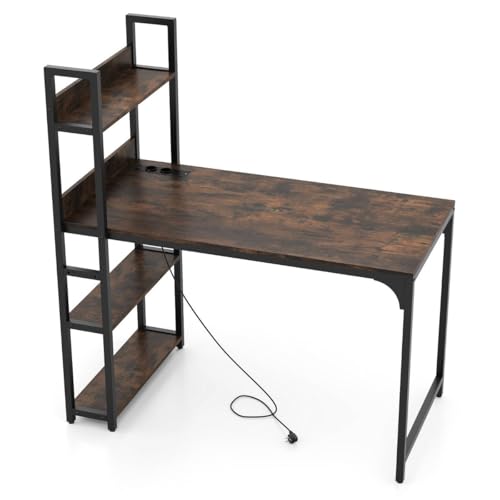 Computertisch mit Ladestation und Offenem Bücherregal, PC Schreibtischs mit Metallrahmen, Praktisch für Gaming und Arbeiten, Study Table, Schreibtisch Kinder, Braun, 120 x 65 x 130 cm von HaoChrymec