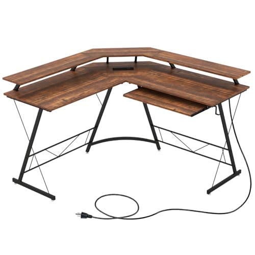 Eckschreibtisch mit Steckdose & USB-Ladeanschluss & Monitorständer, L-förmiger Computertisch, Großer Arbeitsbereich, Gaming, Study Table, Rustikales Braun, 130 x 130 x 86 cm Eckschreibtisch mit Steckdose & USB-Ladeanschluss & Monitorständer, L-förmiger Computertisch, Großer Arbeitsbereich, Gaming, Study Table, Rustikales Braun, 130 x 130 x 86 cm von HaoChrymec