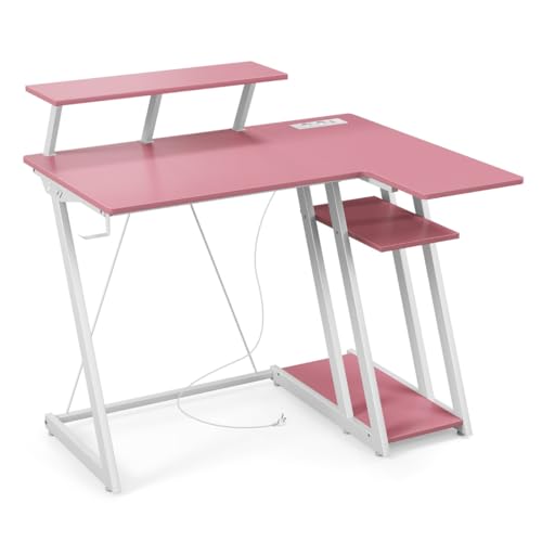 Gaming-Schreibtisch L-Form mit Steckdosen & USB-Anschlüssen, Monitorregal, Ergonomisches Design für Computer Desk, Gaming Tisch L-Form, Study Table, Rosa, 107 x 45 x 93 cm Gaming-Schreibtisch L-Form mit Steckdosen & USB-Anschlüssen, Monitorregal, Ergonomisches Design für Computer Desk, Gaming Tisch L-Form, Study Table, Rosa, 107 x 45 x 93 cm von HaoChrymec