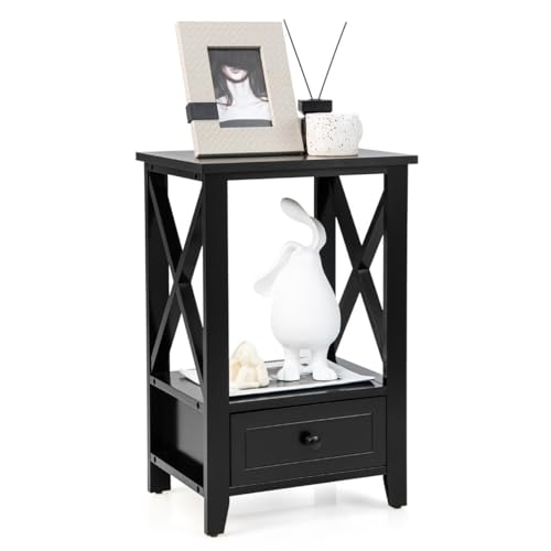 HaoChrymec 2 Ebenen Nachttisch Mit Schublade, Beistelltisch Aus Holz, X-Design, Side Table Bedroom, 40 x 30 x 61,5 cm, Schwarz von HaoChrymec