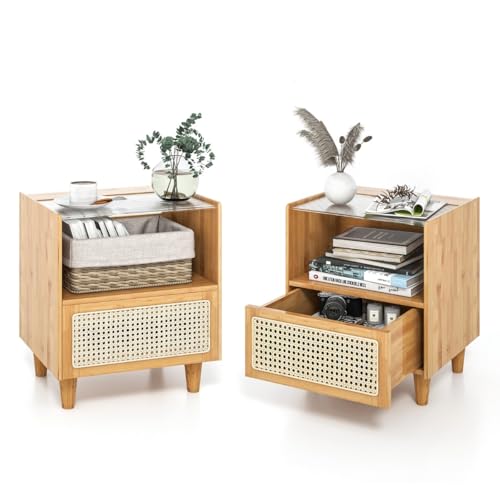 HaoChrymec 2er Set Bambus Nachttisch mit Schublade, Beistelltisch mit Verstecktem Stauraum, Kommode mit Schubladen, Side Table Bedroom, Natur, 43 x 35 x 50 cm von HaoChrymec