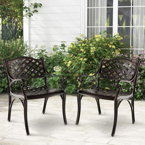HaoChrymec 2er Set Gartenstühle aus Aluminiumguss mit Armlehnen, Wetterfeste Terrassenstühle in Bronze, Ergonomisch, Ideal für Balkon, Garten und Terrasse, 60 x 56.5 x 82 cm von HaoChrymec