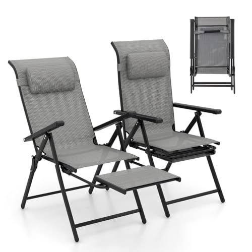 HaoChrymec 2er Set Gartenstühle mit Ausziehbarer Fußstütze, Hochlehner Klappstühle mit 10-Fach Verstellbarer Rückenlehne, Outdoor Stuhl für Garten, Balkon und Camping, Grau, 110/165 x 57 x 67/113 cm von HaoChrymec