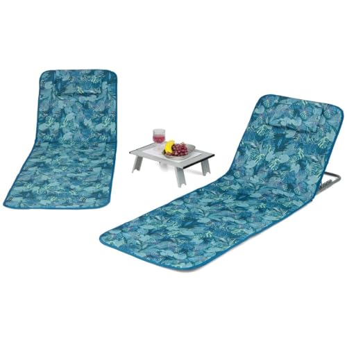 HaoChrymec 2er Set Liegestühle mit Beistelltisch, Klappbar, 5-Fach Verstellbare Rückenlehne, Kopfkissen und Staufach, Liegestuhl für Garten, Strand und Camping, Türkisblau, 161 x 51.5 x 27-47 cm von HaoChrymec