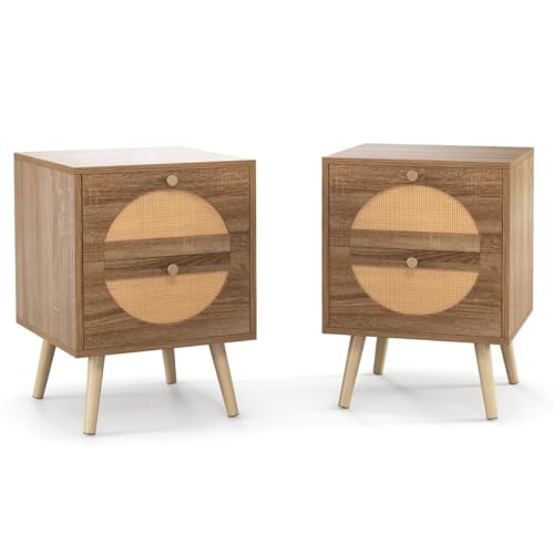 HaoChrymec 2er Set Rattan Nachttisch mit 2 Schubladen und Massivholz Beinen, Beistelltisch im Boho-Stil für Schlafzimmer und Wohnzimmer, Natur, 40 x 40 x 56 cm HaoChrymec 2er Set Rattan Nachttisch mit 2 Schubladen und Massivholz Beinen, Beistelltisch im Boho-Stil für Schlafzimmer und Wohnzimmer, Natur, 40 x 40 x 56 cm von HaoChrymec