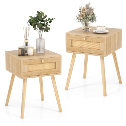 HaoChrymec 2er Set Rattan Nachttisch mit Schublade, Beistelltisch Nachtkommode mit Rattan-Optik und Holzbeinen, Boho Design für Schlafzimmer und Wohnzimmer, Weiß, 40 x 40 x 55 cm HaoChrymec 2er Set Rattan Nachttisch mit Schublade, Beistelltisch Nachtkommode mit Rattan-Optik und Holzbeinen, Boho Design für Schlafzimmer und Wohnzimmer, Weiß, 40 x 40 x 55 cm von HaoChrymec