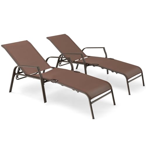 HaoChrymec 2er Set Sonnenliege mit 5-Positionen Verstellbarer Rückenlehne, bis 150 kg belastbar, Gartenliege für Außenbereich, Faltbar, Braun von HaoChrymec