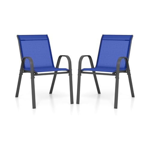 HaoChrymec 2er Set Stapelstühle Garten, Mit Textilene Stoff und Metallgestell, Ergonomische Rückenlehne und Armlehnen, Stapelbar für Kompakte Aufbewahrung,Balkon, Terrasse, Blau, 56 x 70 x 84 cm von HaoChrymec