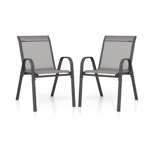 HaoChrymec 2er Set Stapelstühle Garten, Stapelstühle aus Textilene und Metallgestell, Ergonomische Rückenlehne und Armlehnen, Outdoor Stuhl für Balkon, Terrasse und Garten, Grau, 56 x 70 x 84 cm von HaoChrymec