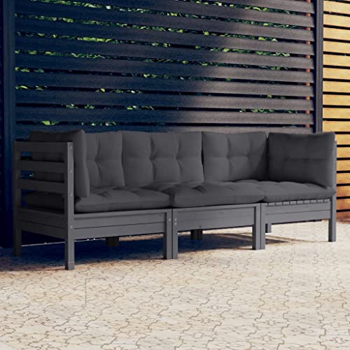 HaoChrymec 3-Sitzer-Gartensofa mit Anthrazit Kissen, Massivholz Kiefer, Modular, Lounge Möbel Outdoor, Balkon Sofa, Garden Sofas, Gartenmöbel Set, 63.5 x 63.5 x 62.5 cm von HaoChrymec