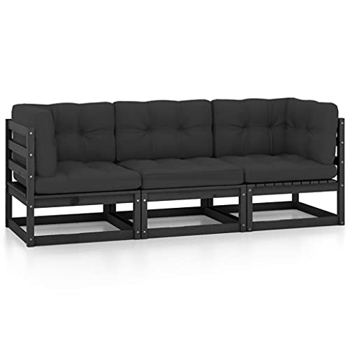 HaoChrymec 3-Sitzer-Gartensofa mit Kissen aus Massivem Kiefernholz, Robustes Design, Lounge-Möbel Outdoor, Balkon-Sofa, Garten-Sofas, Schwarz, 70 x 70 x 67 cm von HaoChrymec