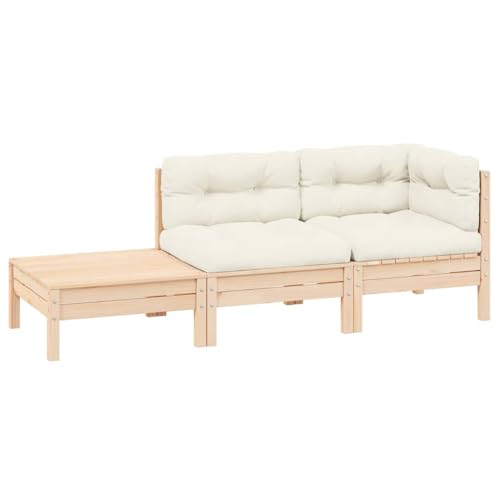 HaoChrymec 3-TLG. Garten-Lounge-Set mit Kissen in Creme, Massivholz Kiefer, Gartensofa für Balkon und Terrasse, Outdoor Möbel, 63.5 x 63.5 x 62.5 cm von HaoChrymec