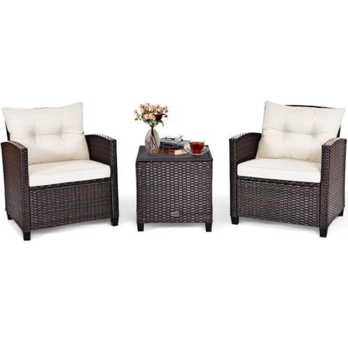 HaoChrymec 3-TLG. Polyrattan Lounge Set Gartenmöbel mit Sitzkissen & Couchtisch, Rattan Sitzgruppe für Balkon, Terrasse, Poolbereich, PE-Rattan, Beige, 67 x 67 x 76 cm von HaoChrymec