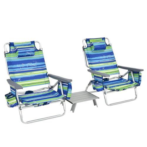 HaoChrymec 3 TLG. Strandstuhl & Tisch Set mit Aufrollbarem Campingtisch, Outdoor Liegestühle mit 5-Fach Verstellbarer Rückenlehne, Gartenmöbel Set für Balkon und Strand, Blau, 60 x 68 x 84 cm von HaoChrymec
