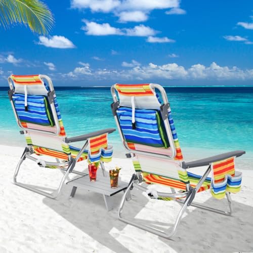 HaoChrymec 3 TLG. Strandstuhl & Tisch Set mit Aufrollbarem Campingtisch, Outdoor Liegestühle mit 5-Fach Verstellbarer Rückenlehne, Gartenmöbel Set für Balkon und Strand, Bunt, 60 x 68 x 84 cm von HaoChrymec