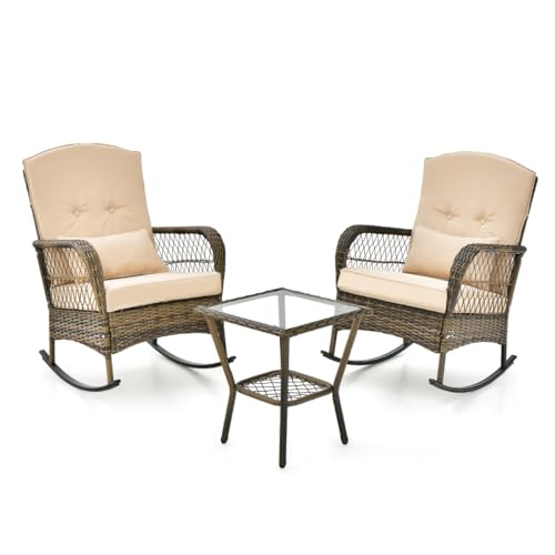 HaoChrymec 3-teiliges Schaukelstuhl-Set mit PE-Rattan und Metallrahmen, 2 Stühle mit Kissen und 1 Kaffeetisch, Balkonmöbel Set für Terrasse und Garten, Beige, 67 x 86 x 96 cm von HaoChrymec